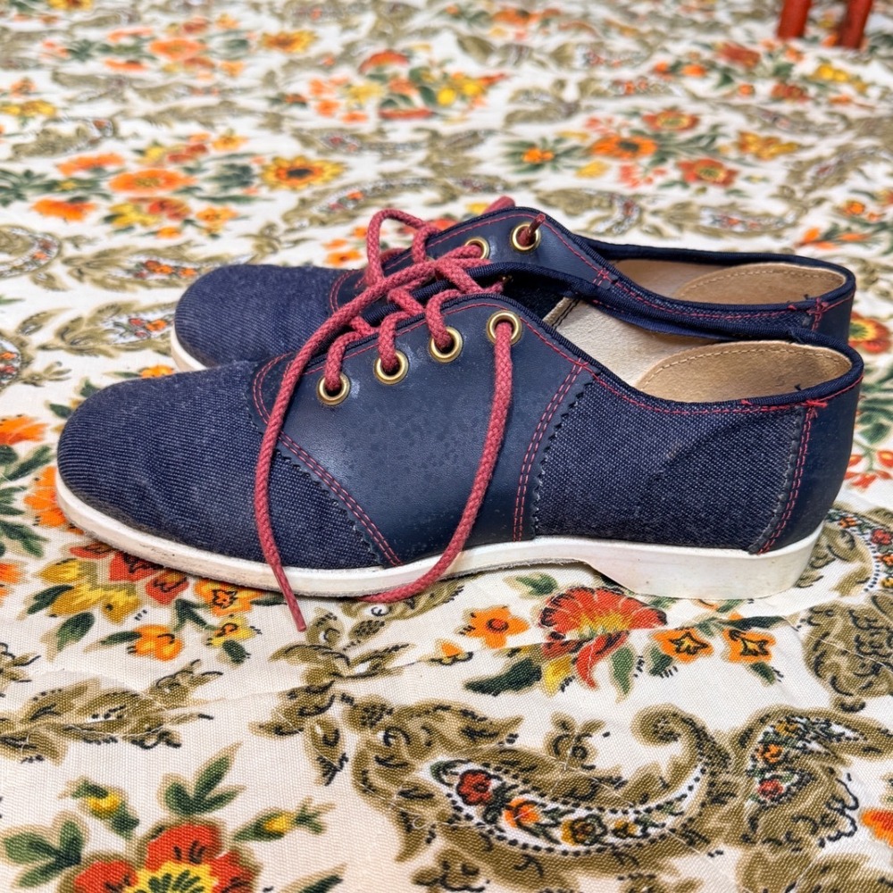 Vintage Women's Denim Blue Brunswick Oxford Shoes Red Laces Made in USA -‎ 5